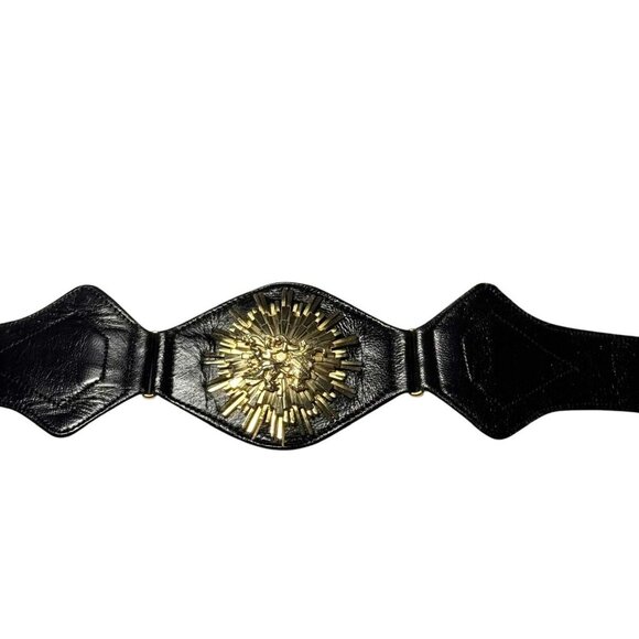 Womens Vintage 1980s Black Leather wide Statement Belt Gold Medallion Size XS - Picture 3 of 12